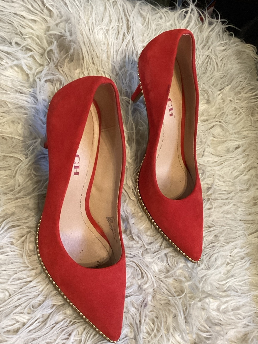 Coach Red Suede Pointed Toe Stud-Trim Stiletto Pumps